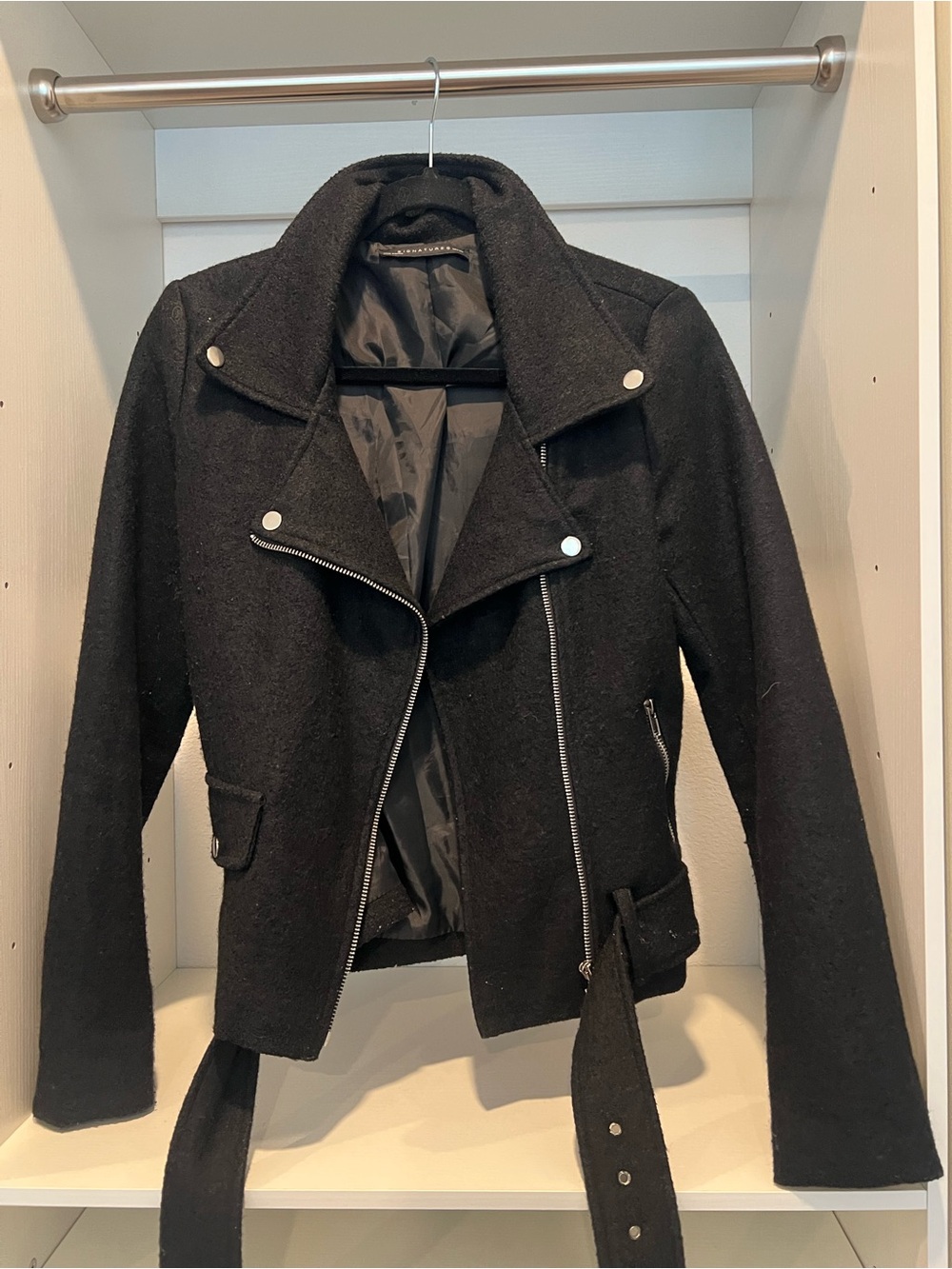 Signature8 Black Wool-Blend Moto Jacket with Belt. Women’s